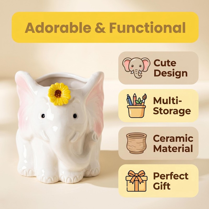 dgudgu White Elephant Pen Holder Ceramic Desk Organizer Cup Pencil