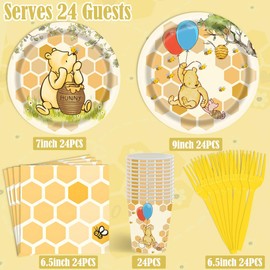 For 24 Guests Classic Winnie Bear Party Supplies for Baby Shower 1st Birthday Pooh Bear Themed Plates Napkins Cups Tableware Set