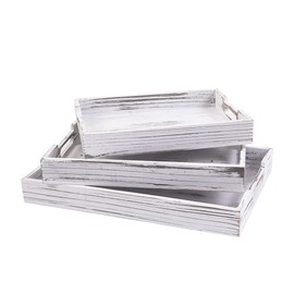 Rustic Wood Serving Trays with Handle - Set of 3 - Large, Medium and Small - Nesting Multipurpose Trays - for Breakfast, Coffee Table/Butler & Decorative Platter- Sturdy Wood,White