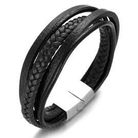 HALUKAKAH Basics ● Road Trip ● Men's Genuine Black Leather Multilayer Bracelet Titanium Silver Magnetic Clasp 8"(20.5cm) with Free Giftbox