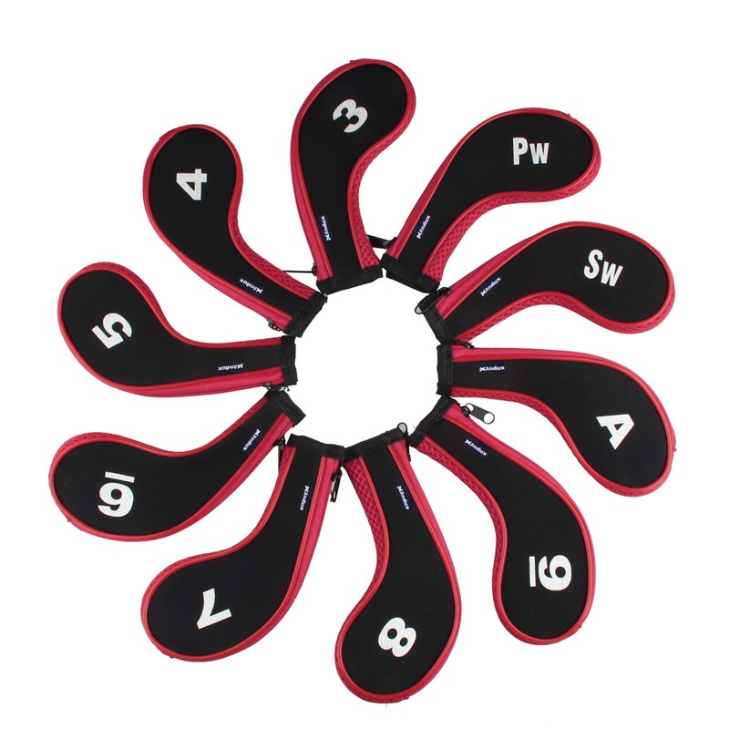 Andux 10pcs/set Golf Iron Club Head Covers with Zipper Black/red