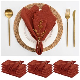 12 Pack Terracotta Napkins Cotton Linen Napkins 16 x 16 Inch Terracotta Cloth Napkin Handmade with Fringe Soft Washable Rustic Dinner Napkin Cloths for Wedding Party Dinner Table