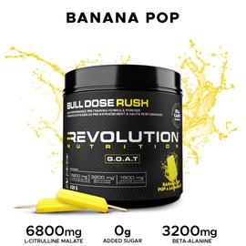 Revolution Nutrition Revolution Nutrition, Bull Dose Rush, Pre-Workout Powder, Supports Pumps & Strength, Helps Improve Focus, Citrulline Malate, For Men & Women, 438g, 33 Servings (Banana Pop, 0.96 Pound)