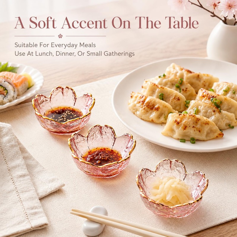 Gold Rim Glass Dipping Bowls, Cherry Blossom Sauce Dishes