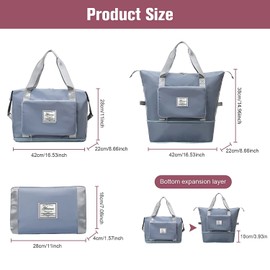 Large Capacity Folding Travel Bag, Lightweight Waterproof Carry on Luggage with Fixed Strap, Dry and Wet Separation Foldable Duffel Bag for Weekender Overnight Sports Gym Bag (Blue)