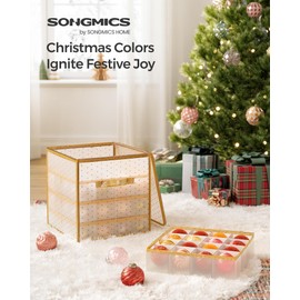 SONGMICS Plastic Christmas Ornament Storage Boxes, 2 Pack Christmas Ball Organizers, Hold 128 Balls up to 3-Inch, Removable Dividers, Cherry Red URFB029T02