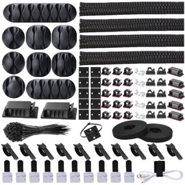 N NOROCME N NOROCME Cord Management Organizer Kit 4 Cable Sleeve Split with 41Self Adhesive Clips Holder, 10pcs and 2 Roll Self tie 100 Fastening Ties for TV Office Car Desk Home Black