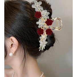 Rannyrane Flower Rhinestone Metal Hair Claw Clips for Women Camellia Floral Claw Clip Large Tulip Nonslip Strong Hold Hair Accessories for Thick Hair (Red Velvet Rose C)