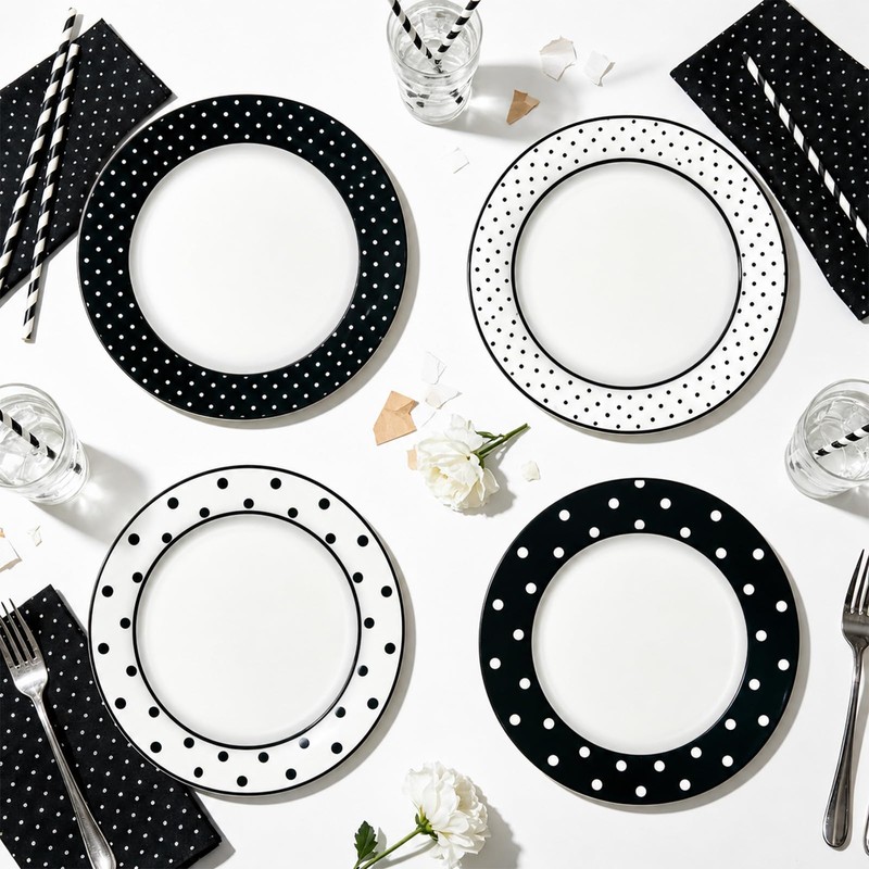 60Pcs Polka Dot Paper Plates, Assorted Black White, 9 Inch