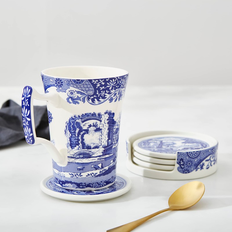 Spode Blue Italian Ceramic Coasters with Holder - Set of