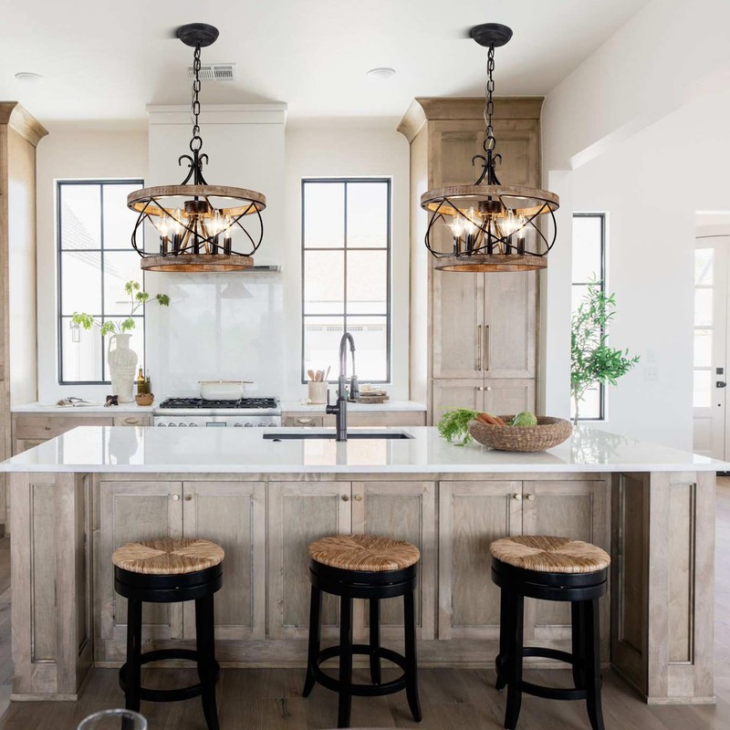 5-Light Farmhouse Wood Chandelier,Rustic Drum Chandelier,Black Vintage Chandelier for Dining