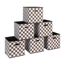 Household Essentials Fabric Storage Cube Bins, 6 Piece Set, Strong Poly-Woven Fabric, Chipboard Sides, Grommet Front Handle, Stackable and Foldable, Classic Design, White and Black Checkerboard
