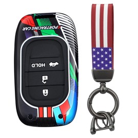 HIBEYO 3 Button Key Fob Cover Compatible with Honda Civic Accord Fit 2022 2023 Accessories Metal Painted Sports Style Key Shell with US Flag Keychains-3 Button CAR Trunk Black