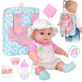 12" Girls Baby Doll Daisy Theme Backpack Carrier Playset,12 Inch Reborn Baby Dolls With Accessories And Clothes Set Toy Stuffs Pink Hanky Diaper Bottle Nipple And Gifts For Baby Toddler Age 3+