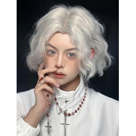 Siudus Mens Short Silver Curly Wig Natural Middle Part Cosplay Costume Party Wigs for Male Guys (Silver)
