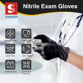 Schneider Nitrile Exam Gloves, Black Latex Free Powder Free Disposable Gloves for Medical, Cooking, Cleaning, and Food Prep (X-Large, 100)
