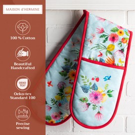 Maison d' Hermine Double Oven Mitts 100% Cotton 7"x35" Double Oven Mitt BBQ Cooking Gloves with Loop, Baking, Grilling, Handling Hot Pans, Jardin D'Ete - Mint - Spring/Summer