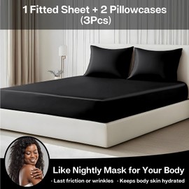 MR&HM Satin Fitted Sheet & Pillowcase Set King Size, 3-Piece Silky Soft Bedding with 15" Deep Pocket, Reinforced Elastic Corner Straps to Prevent Slipping Off Mattress, Black