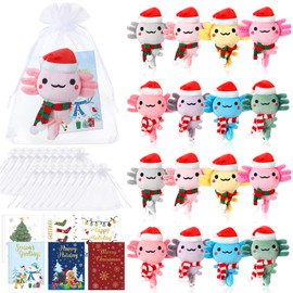 HyDren 16 Sets Christmas Axolotl Plush Toys 4 Inch Stuffed Animal Keychains Mini Axolotl Plush Bulk with Greeting Cards and Organza Bags for Xmas Holiday Birthday Gifts Party Favor Classroom Prize