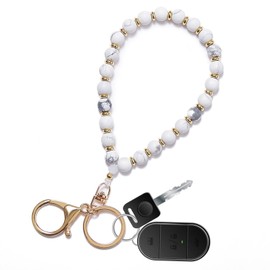 Lostars Beaded Keychain Wristlet 14k Gold Wrist Keychain Bracelet Cute Keychain Accessories Car Key Chain Bracelet for Women (Stone, White marble)