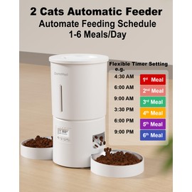 DomoMayli Automatic Dual Cats Feeder for 2 Cats,6 Meals/Day,12 Portions/Meal,Dual Power Auto Pet Feeder Dry Food Dispenser,Flexible Schedule Timer 10S Voice Record (White, ABS Dual Bowls)