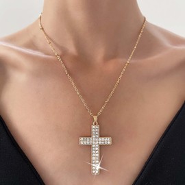 Vacaonio Punk Big Crystal Cross Pendent Necklace Rhinestone Cross Choker Necklace Gold Cz Cross Necklace Exaggerated Crystal Cross Chain Necklace Jewelry for Women