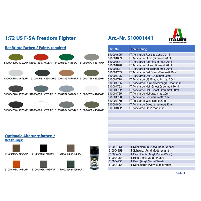 Italeri -1441 F-5A Freedom Fighter, 1:72 Scale, Model Kit, Plastic