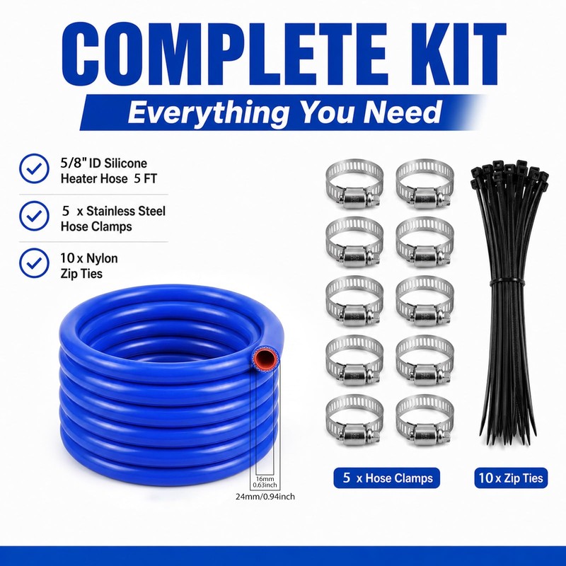 5/8" ID Silicone Heater Hose 5ft, 5 Clamps 10 Zip