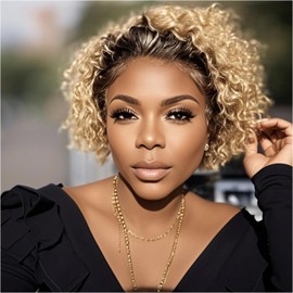 Yiifiulyn Short Blonde Lace Front Wigs Human Hair, 6" Layered Breathable Pixie Cut Wigs for Black Women, Short Curly Human Hair Wig