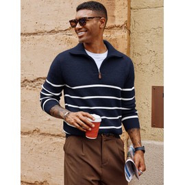 PJ PAUL JONES Men Quarter Zip Up Sweater Long Sleeve Fashion Striped Cable Knit Pullover Polo Sweater Navy Blue