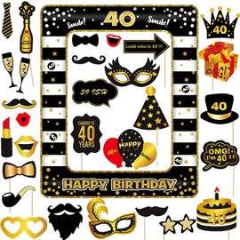 40th Birthday Photo Booth Props and Inflatable Frame, 31 Pcs Black Gold Inflatable Selfie Photo Booth Props Selfie Frame, Funny DIY Birthday Party Props for 40th Birthday Party Decorations