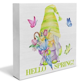 Country Farmhouse Hello Spring Gnome Wood Box Sign Decor Desk Sign Floral Butterfly Umbrella Spring Wooden Box Block Sign Rustic Home Shelf Wall Decoration