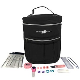 Designer Stitch Happy Knitting Starter Kit: 20 Piece Knitting Kit for Beginners & 7 Pocket Yarn Bag, Signature Yarn Storage - Black