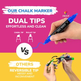 Zenacolor Liquid Chalk Markers Dual Tips - 8 Vibrant Colors, Non-Toxic Chalkboard Markers Quick-Drying, Erasable Chalk Markers for Blackboard, Windows, Glass, Cars - 24 Labels Included