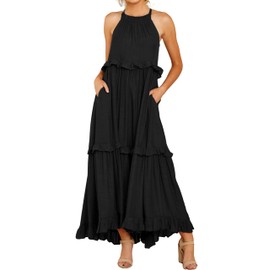 R.Vivimos Womens Summer Dress Cotton Sleeveless Halter Layered Ruffles Casual Boho Flowy Maxi Dress (Large, Black)