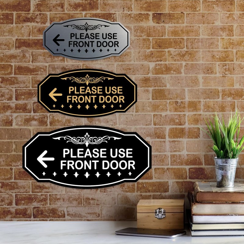 Victorian Please Use Front Door (Left Arrow) Sign (Brushed Silver)