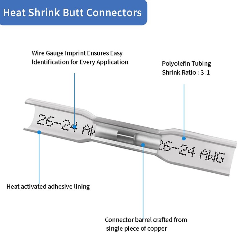 Heat Shrink Butt Connectors, 26-24 AWG 100 Pcs Clear Marine