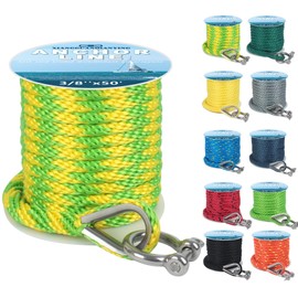 Anchor Rope 50 Ft x 3/8 Inch Premium Solid Braid MFP Anchor Line with 316 Stainless Steel Thimble and Heavy Duty Shackle Marine Boat Rope - Yellow/Green
