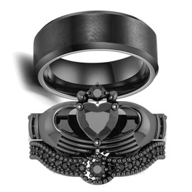LOVERSRING Couple Ring Bridal Set His Hers Claddagh Ring Black Gold Filled Heart Shape Cz Men Stainless Steel Wedding Banc Ring Sets, stone Crystal, Agate