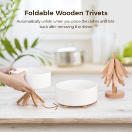 Wooden Trivets for Hot Dishes, Foldable Tree-Shaped Trivet Set for Hot Pots and Pans, Beech Wood Trivets for Teapot Hot Pots - 4 Wooden Trivets +1 Stand