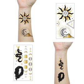 9 Sheets Black Small Temporary Tattoo, Hands Face Tattoo Sticker for Men Women, Metallic Gold Silver Flower Space Moon Snake Cat Diamond Designs on Arm Neck Shoulder Clavicle Waterproof