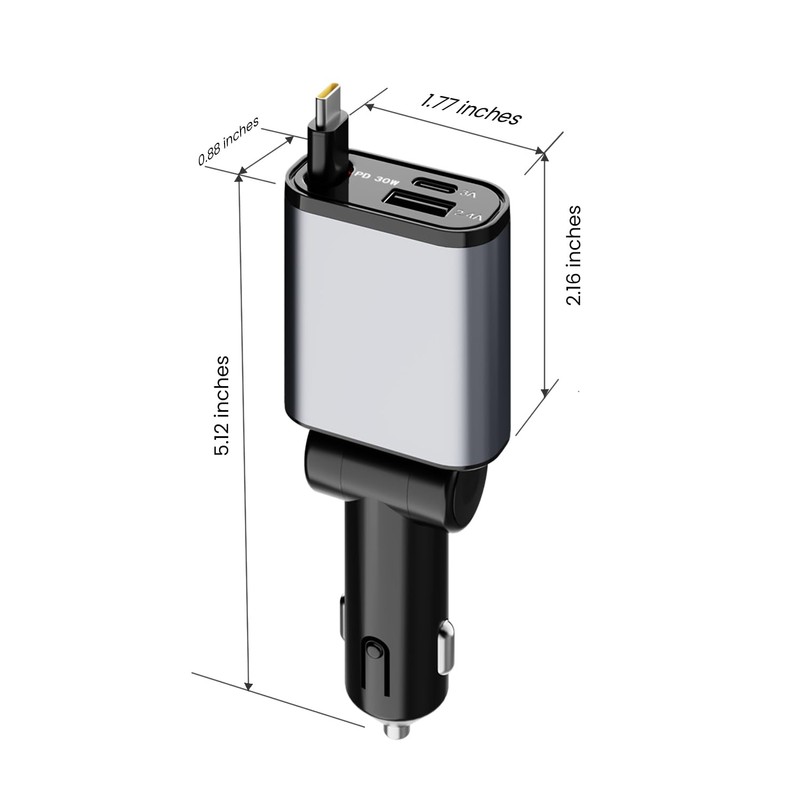 Retractable Car Charger 3 in 1 Fast Charging Type C