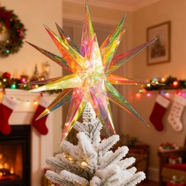 PATTEPOINT 14'' Large Moravian Star Outdoor Light Hanging Christmas Tree Topper with LED Light 3D Iridescent Christmas Moravian Star for Christmas Holiday Home Porch Xmas Indoor/Outdoor Decor