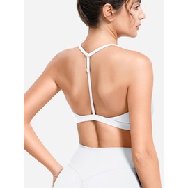 ZAAYO Sports Bra Women's Deep V Neck Y Back Push Up Sports Bra Padded Fitness Medium Impact Workout Gym Yoga Tops with Adjustable Back Straps, White, L