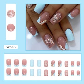 Square Press on Nails Medium Fake Nails French Gold Glitter Designs Butterfly False Nails Pink&Light Blue Acrylic Glue on Nails Glossy Full Cover Stick on Nails for Women Girls
