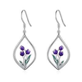 VONALA Tulip Earrings for Women Sterling Silver Tulip Flower Teardrop Earrings Purple Flower Drop Dangle Earrings Tulip Jewelry Gifts for Women Teens Girls
