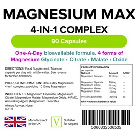 Lindens - Magnesium Max 4-in-1 Complex, 90 Caps - 1 a Day, UK Made - Muscle Support, Bone Health & Energy Boost - Magnesium Glycinate, Citrate, Malate & Oxide - Letterbox Friendly, Vegan