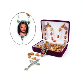 Divine Mercy of Jesus (Facial Portrait), Wooden Catholic Rosary Necklace from Israel, Olive Wood Rosary Beads with Medal & Crucifix Cross Pendant, Confirmation & Communion Rosaries for Men & Women