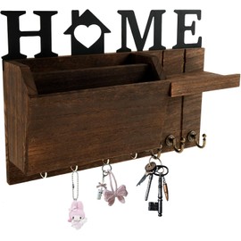 Key and Mail Holder for Wall, Rustic Wooden Mail Organizer with Shelf and 7 Hooks, Space Saving Farmhouse Entry Way Key Rack for Coat, Dog Leash, Home Accessories (Brown)