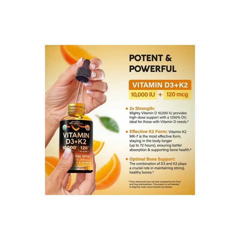 NutraHarmony Suplemento Líquido Vitamina D3 K2 Orgánico 120ml Sabor Naranja
